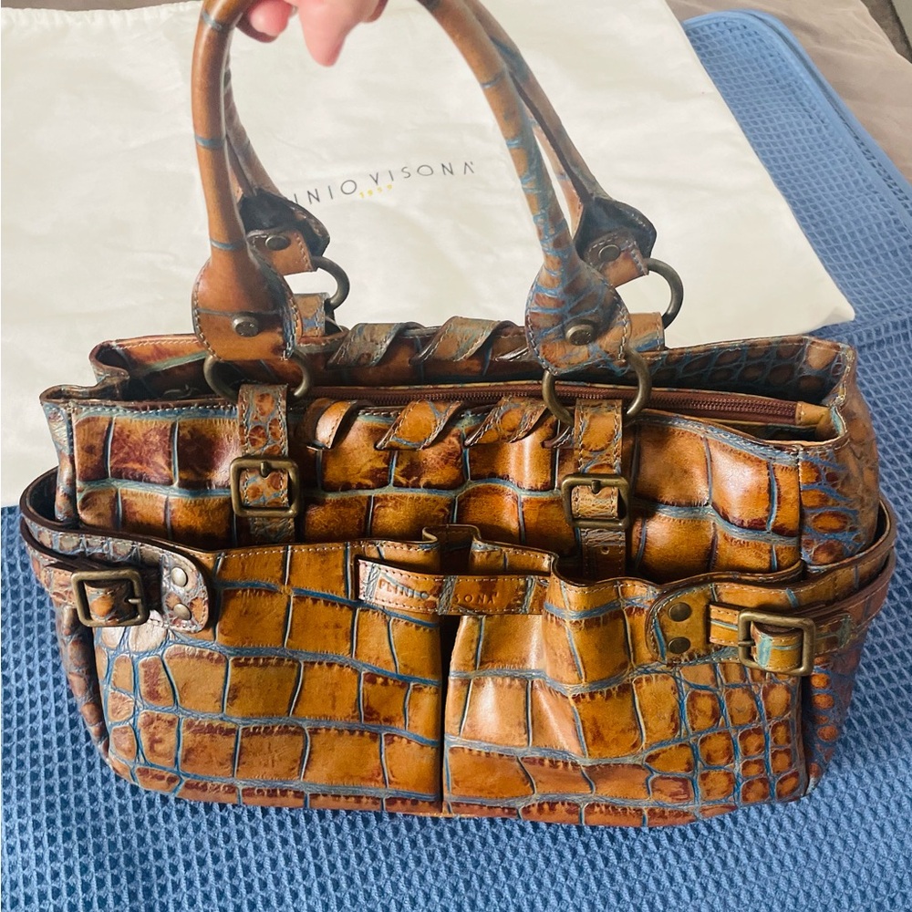 Plinio Visona Brown Alligator Leather Top Handle Shoulder Bag - Picture 2 of 11